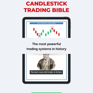 May include: A digital tablet displays the cover of The Candlestick Trading Bible, featuring red and green candlestick charts, the text The most powerful trading systems in history, a portrait of a person, and the text The most successful trader in history.