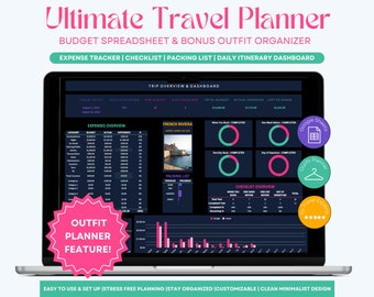 Travel Planner Spreadsheet Dark Mode, Trip Organizer, Vacation Itinerary Tracker, Travel Budget, Google Sheet Template, Holiday Packing List