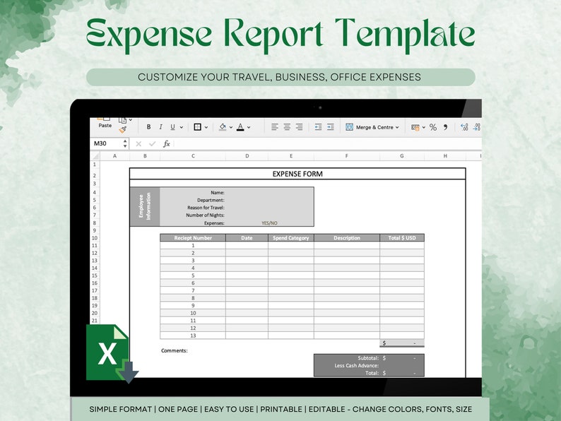 Expense Report Template, T&E, Business Expense Tracker Spreadsheet, Employee Reimbursement, Excel Template, Expense Account Form, Travel Log image 1