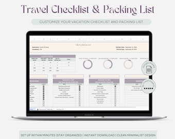 Travel Checklist & Packing List, Holiday Organiser, Vacation To Do list, Travel Planner, Travel Essentials Guide, Google Sheets, Bucket List