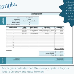 Expense Report Template, T&E, Business Expense Tracker Spreadsheet, Employee Reimbursement, Excel Template, Expense Account Form, Travel Log image 3