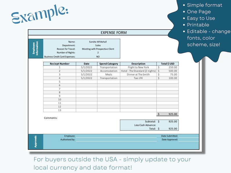 Expense Report Template, T&E, Business Expense Tracker Spreadsheet, Employee Reimbursement, Excel Template, Expense Account Form, Travel Log image 3