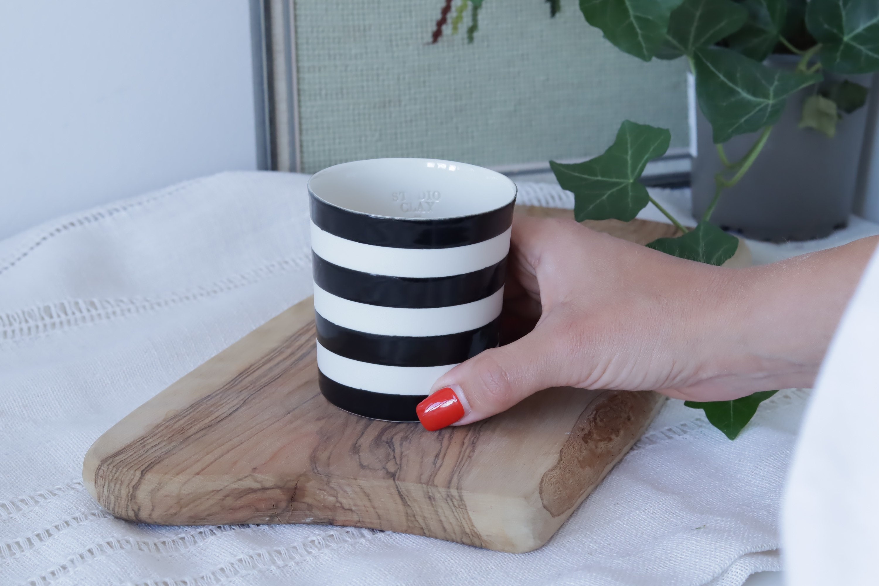 Joy Coffee Mug Cup Black White Stripe California Pantry 4