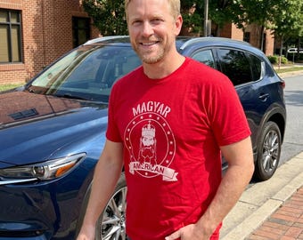 Custom Hungarian American T-Shirt with Magyar Graphic Tee Saint Stephen, Gift for Dad & Screen Printed Red Shirt Hungary Pride, Gift Him