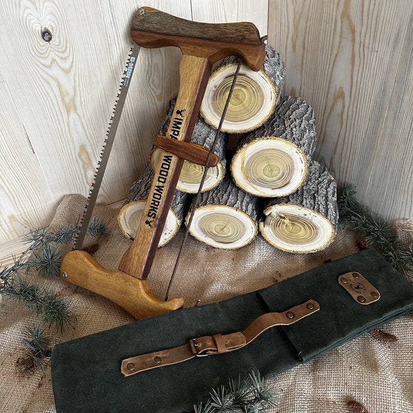 Scie à ruban fait main, scie à archet, scie à archet suédoise, scie Bushcraft, scie à ruban originale faite main et étui de transport, cadeau de Noël