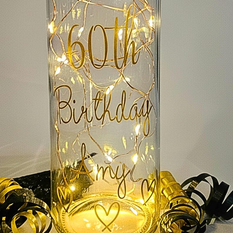Personalised 60th Birthday Light up Bottle: Custom Message Gold Hearts ...