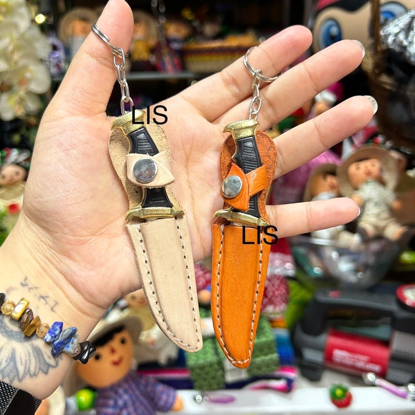 Mini Bowiemesser Machete, Minutare Messer, Ledermesser Schlüsselanhänger