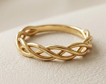 Geflochtener Knotenring aus 14-karätigem Gelbgold, keltisch inspirierter minimalistischer Stapelring mit irischem Knotenmuster, zierlicher Alltagsring, gedrehter Bandring