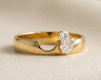 Runder, birnenförmiger Moissanit-Ehering im Zigarrenstil: 14 Karat Gelbgold, U-förmig, breit, geschwungen, gekerbt, passender Brautring zum Stapeln für Damen