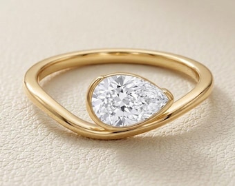Verlobungsring mit birnenförmigem Moissanit, einzigartiger, wellenförmiger Bypass-Ring aus 14-karätigem Massivgold, gebogenes Band, Verlobungsring mit birnenförmigem Moissanit
