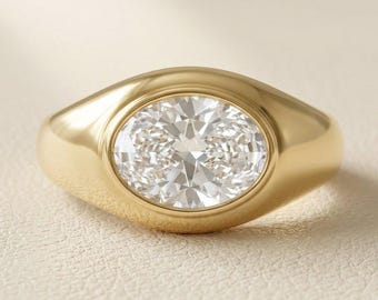 Ovaler Moissanit-Jubiläumsring in Zargenfassung, massiver Siegelring aus 14-karätigem Gold mit ovalem Moissanit, Verlobungs- und Ehering mit 3 Karat Diamanten in Zargenfassung