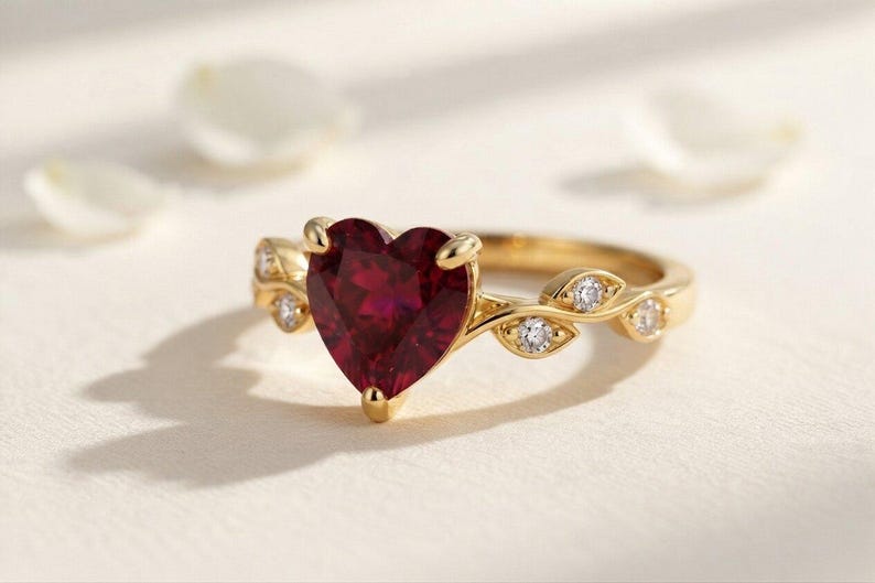 10K Solid Gold Ruby Heart Ring, Leaf Heart Ruby Ring, July Birthstone Jewelry, Minimalist Red Gemstone, Dainty Promise Ring, July Birthstone