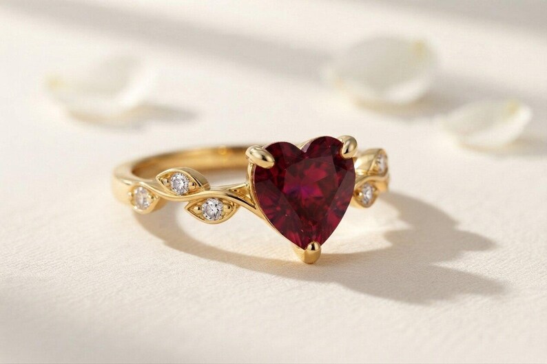 10K Solid Gold Ruby Heart Ring, Leaf Heart Ruby Ring, July Birthstone Jewelry, Minimalist Red Gemstone, Dainty Promise Ring, July Birthstone