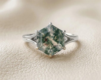 Sechseckiger Moosachat-Ring für den Alltag, grüner Moosachat-Naturring, einzigartiger Verlobungsring aus Naturmoos in Silber, Gelbgold und Roségold