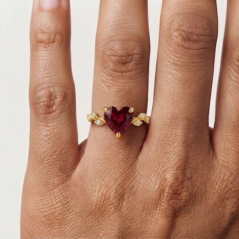 10K Solid Gold Ruby Heart Ring, Leaf Heart Ruby Ring, July Birthstone Jewelry, Minimalist Red Gemstone, Dainty Promise Ring, July Birthstone