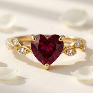 10K Solid Gold Ruby Heart Ring, Leaf Heart Ruby Ring, July Birthstone Jewelry, Minimalist Red Gemstone, Dainty Promise Ring, July Birthstone