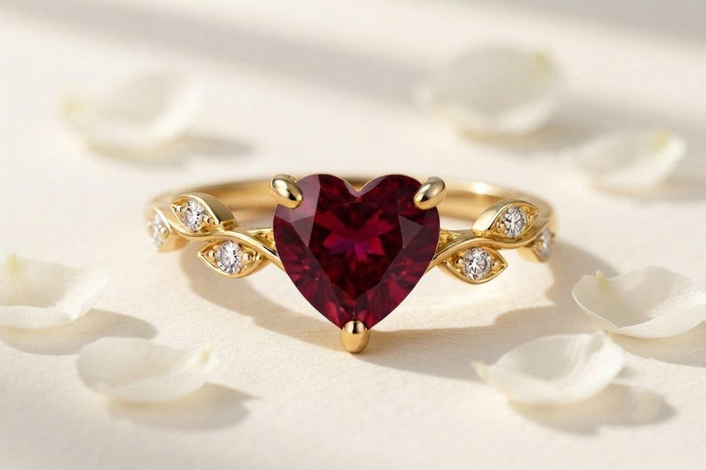 10K Solid Gold Ruby Heart Ring, Leaf Heart Ruby Ring, July Birthstone Jewelry, Minimalist Red Gemstone, Dainty Promise Ring, July Birthstone