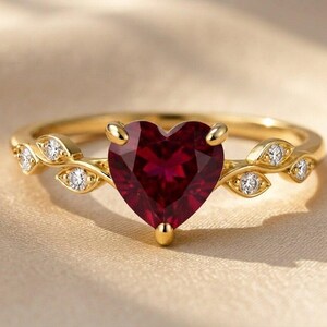 10K Solid Gold Ruby Heart Ring, Leaf Heart Ruby Ring, July Birthstone Jewelry, Minimalist Red Gemstone, Dainty Promise Ring, July Birthstone