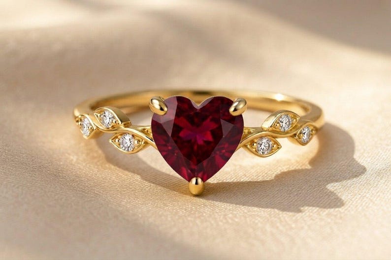 10K Solid Gold Ruby Heart Ring, Leaf Heart Ruby Ring, July Birthstone Jewelry, Minimalist Red Gemstone, Dainty Promise Ring, July Birthstone
