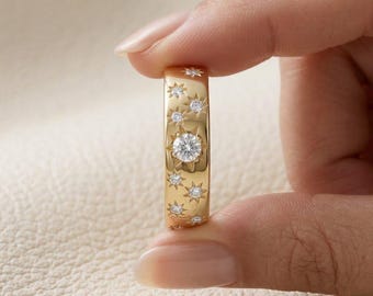 14K Gold Moissanite Zigarre Hochzeit Band, minimalistischen Rundschliff Flush Set Chunky Wide Starburst Dome Bold Verlobungsring, Geschenk für Sie