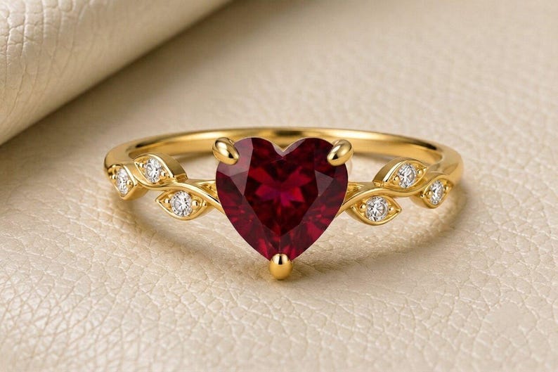 10K Solid Gold Ruby Heart Ring, Leaf Heart Ruby Ring, July Birthstone Jewelry, Minimalist Red Gemstone, Dainty Promise Ring, July Birthstone