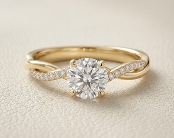 Runder Moissanite Verlobungsring, Vergoldeter Twisted Bandring, Versprechensring für Sie, Jubiläumsgeschenk, Moissanite Solitaire Ring