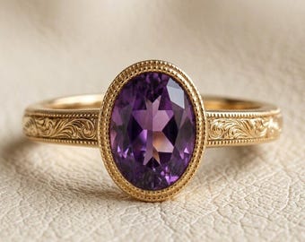 Verlobungsring mit ovalem, im Labor gezüchtetem 14-karätigem Amethyst, Vintage-Cocktailring mit Amethyst, Ring mit Zargenfassung, Hochzeitsschmuck, Jahrestagsgeschenk