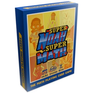 May include: A blue rectangular box of "Super Noah Super Math" playing cards. The box features cartoon illustrations of superheroes and the game's title in large, bold letters. The box also indicates the game is for ages 6+ and for 2 players.
