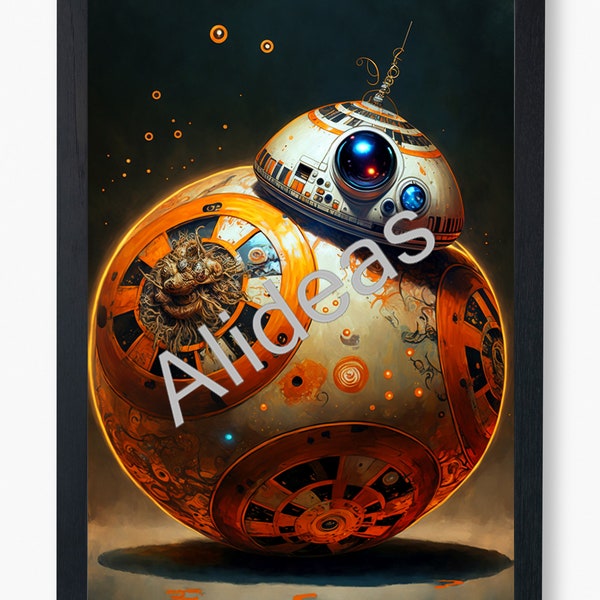 BB-8 in Salvador Dali Style. Star Wars Digital Art Print. AI Generated. Wall Art. AI Art. Digital Download. Midjourney Art.