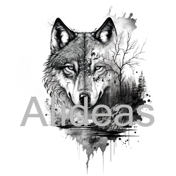 Tattoo idea. Wolf Tattoo. Midjourney Art. Wolf Tattoo idea.