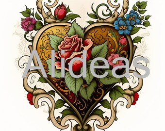 Tattoo idea. Heart and Roses Old School Tattoo. Midjourney Art. Heart and Roses Tattoo idea.