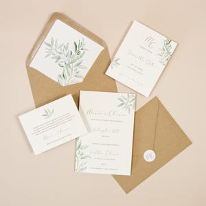 Olive Tree Watercolor Wedding Invitation Handmade | Eco-Friendly Mediterranean Style Wedding Invitation
