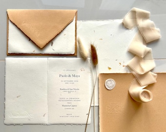Wedding invitation, customizable wedding invitation, handmade paper with flowers, transparent, white or colored envelope