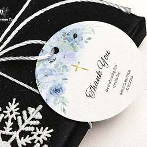 Baptism Thank You Tag Template, Blue & Gold Christening Thank You Tag, Editable Baptism Label, Printable Christening Tag, Flowers Favor Tag