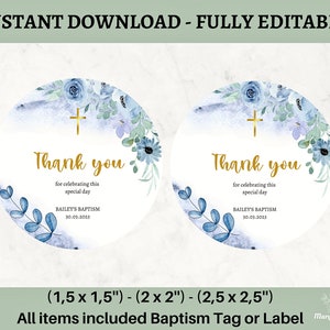 Baptism Thank You Tag Template, Blue&Gold Christening Thank You Tag, Editable Baptism Label, Christening Tag, Blue Flower Baptism Favor Tag