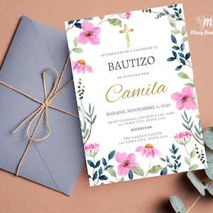 Bautizo Invitations, Wild Flower Invitacione De Bautizo Niña, Floral Baptism Invitation Girl Spanish, EDITABLE, Para Imprimir, Mi Bautizo