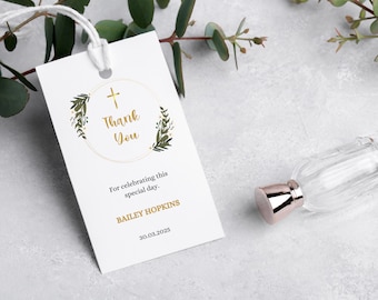 Editable Greenery Baptism Favor Tag Template (Digital Download)