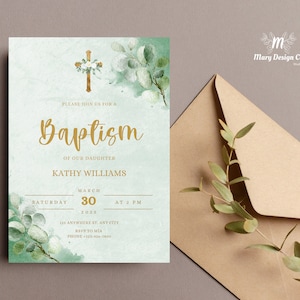 Invitations de baptême d’aquarelle de verdure, modèle d’invitation de baptême de bébé fille, carte d’invitation de baptême imprimable, verte et dorée