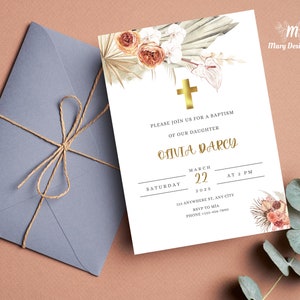 Convite de batismo de menina rosa Boho, convite de batismo de menina, convite de batizado de neta, download digital para impressão, cartão Boho editável