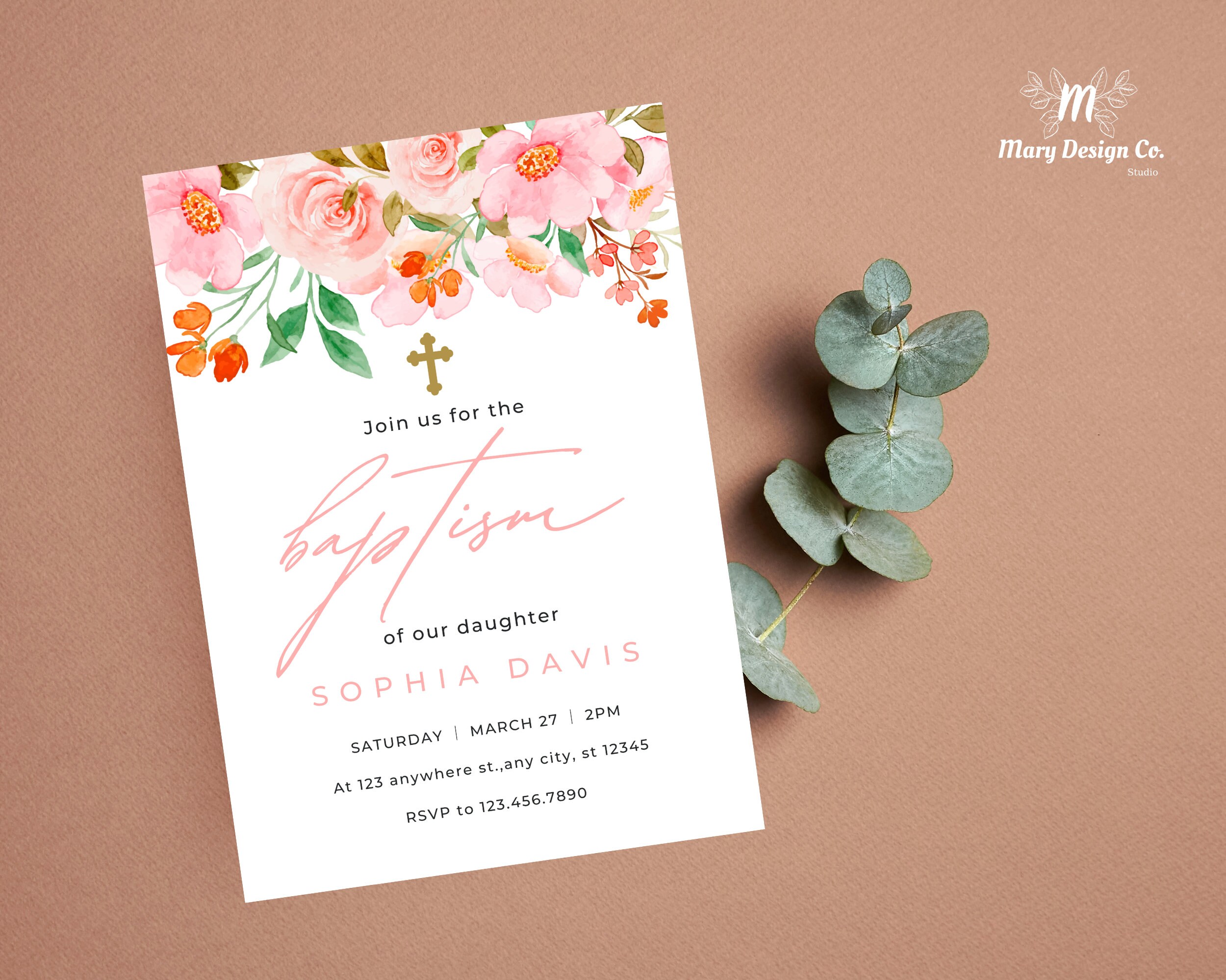 Christening Invitation Girl Baptism Invitation Template Pink Etsy