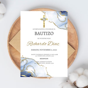 Invitaciones de Bautizo Digitales, Spaanse doopseluitnodiging, Mi Bautizo uitnodiging, Gouden Kruis Bautizo Bewerkbare religieuze uitnodiging