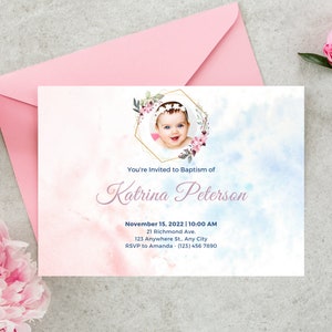 Taufe Einladungskarte, minimalistische Einladungskarte, bearbeitbare süße Taufkarte für Tochter mit Foto, personalisierte Taufkarte Canva