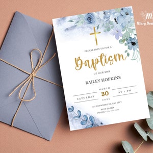Modelo editável de convite de batismo, convite de batizado, convite de batismo de menino, convite de bebê menino, cartões de convite de batismo de neto