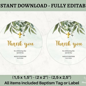 Greenery & Gold Christening Thank You Tag, Baptism Thank You Tag Template, Editable Baptism Label, Christening Tag, Greenery Gold Favor Tag