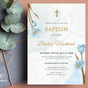Christening Invitation Boy, Blue Watercolour, Baby Boy Baptism, Blue Floral, Baptism Invitation Template, Christening Invite, Boy Baptism