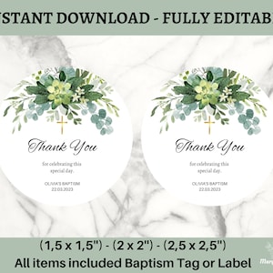 Baptism Thank You Tag Template, Greenery Christening Thank You Tag, Editable Baptism Label, Printable Christening Tag, Greenery Favor Tag