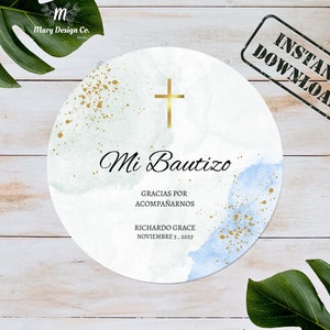 Editable Mi Bautizo Stickers, Spanish Favor Tag, Boy Baptism Sticker ...