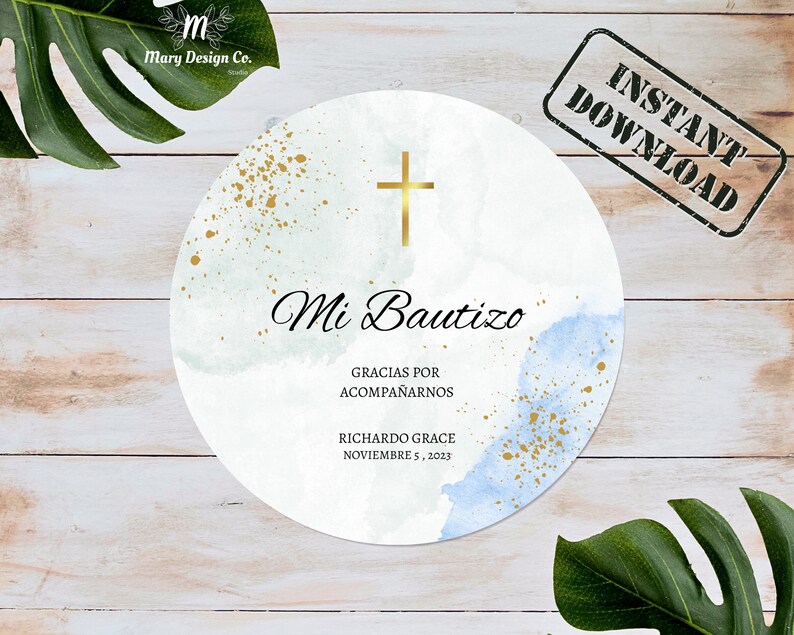Editable Mi Bautizo Stickers, Spanish Favor Tag, Boy Baptism Sticker ...