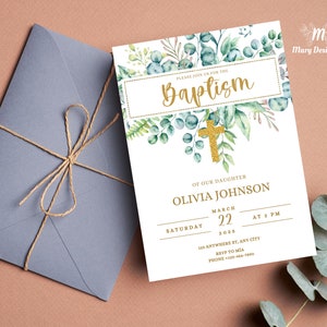 Invitación de bautizo, plantilla de invitación de bautismo, invitación de bautizo de oro, invitación de bautismo de vegetación minimalista, tarjeta de bautismo imprimible