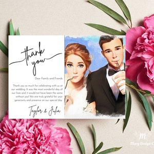 Carte de remerciement de photo de mariage de dessin animé, cartes de remerciement, cartes de remerciement de mariage, photo au dessin animé, carte de remerciement de mariage avec photo, personnalisé